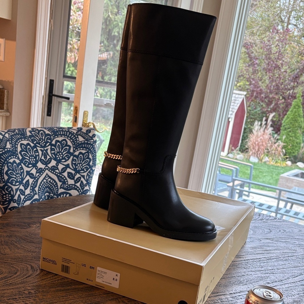 Michael Kors Black Heeled Boots with Gold Chain Detail